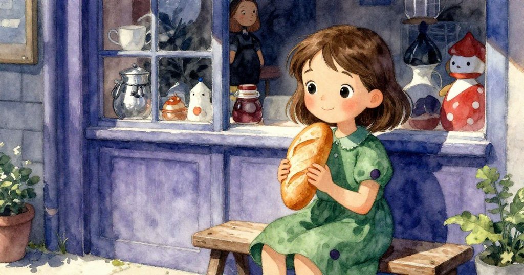 Mia坐在店外長椅上，微笑懷抱軟麵包，午後光影柔和，呈現故事結尾的寧靜與滿足。