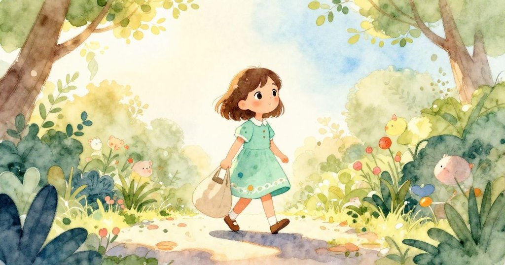 莉莉在早晨溫暖陽光中走在寧靜花園小徑上,身影與背景形成美麗剪影,滿懷期待邁步向前。