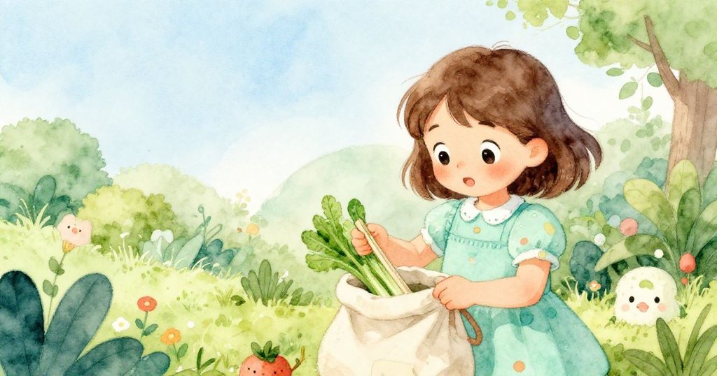莉莉在花園中打開布袋,露出纖薄故事書與清脆蔬菜,她臉上洋溢著好奇與喜悅。