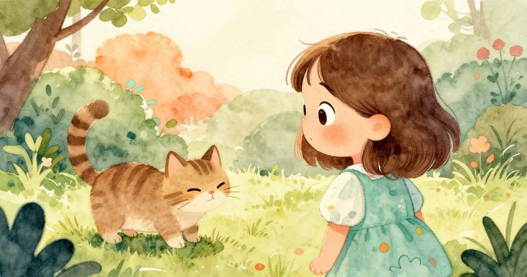 從莉莉背後視角看見花園中打盹的貓咪,尾巴輕輕轉動,營造出寧靜又充滿好奇的氛圍。