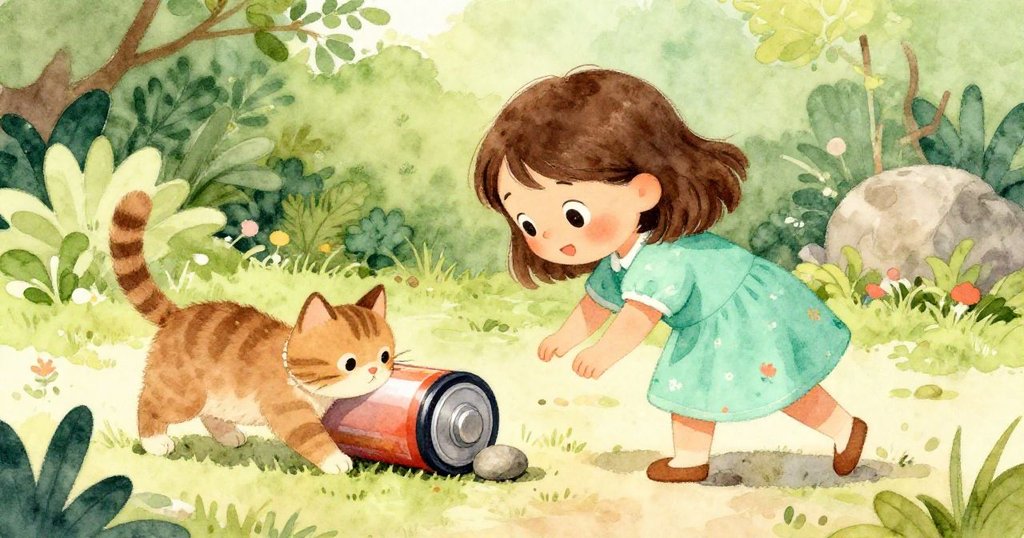 莉莉在柔和晨光下推動備用圓形電池,電池撞上卵石輕喚花園中的貓咪,展現生動自然場景。