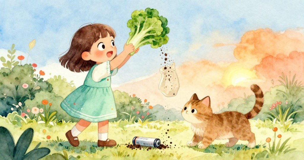 醒來的貓咪好奇追趕滾動電池,莉莉邁步拾起清脆蔬菜,袋中灑落泥土,互動溫馨充滿動感。