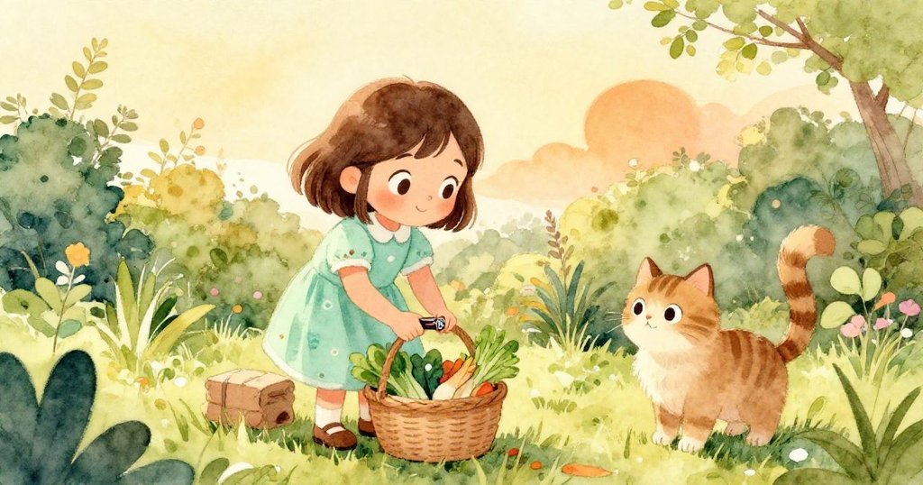 在寧靜花園中,莉莉輕放備用電池於滿載蔬菜的籃旁,貓咪靜靜守候,整體畫面充滿和諧與收穫喜悅。