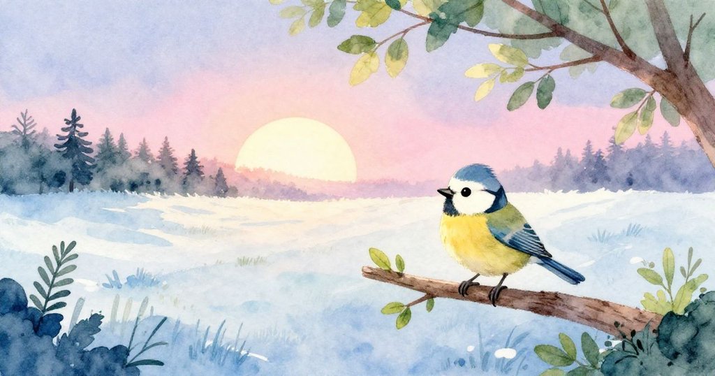 Tweet 鳥兒站在枝頭，沐浴在初升太陽的溫暖柔光中，背景有翠綠樹葉和廣闊田野，充滿期待與新希望。