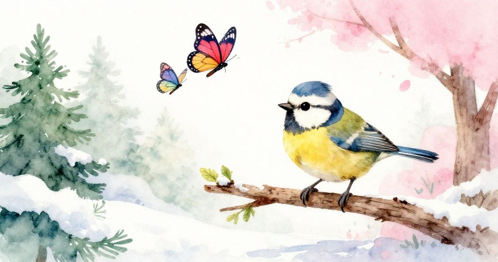 Tweet 鳥兒從枝頭躍下，與兩隻彩蝶一同飛翔，背景明亮自然，充滿歡快與冒險精神。