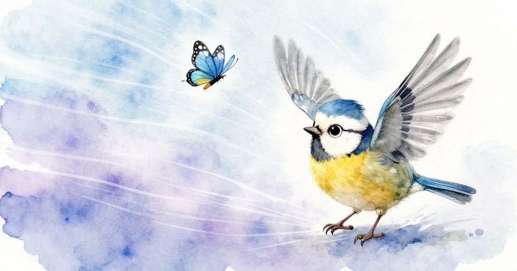 Tweet 鳥兒在強風中掙扎，翅膀傾斜，與彩蝶並飛，畫面充滿驚訝與挑戰之感。