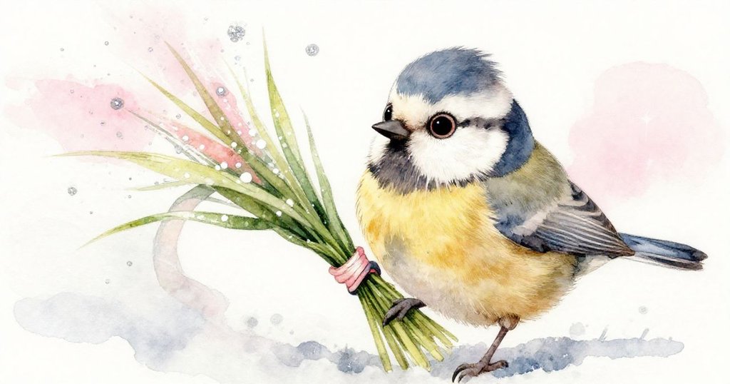 Tweet 鳥兒專注地抓住被絲帶纏繞的草束，神情充滿決心與希望，細節展現出自然與魔法融合的美麗瞬間。