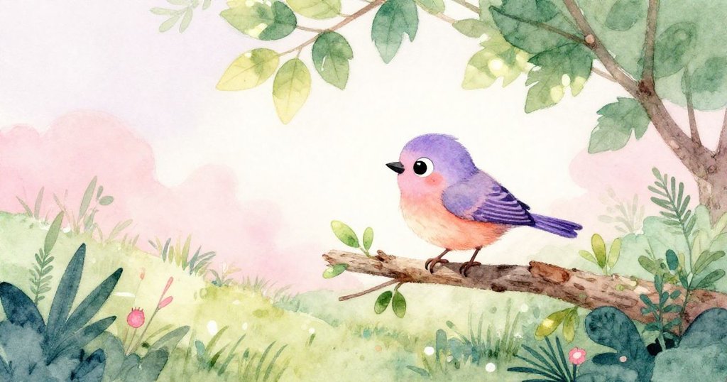 Tweet 鳥兒滿懷喜悅飛回枝頭，柔和光線灑落於樹葉上，環境寧靜，旅程圓滿落幕，展現平靜與自信。