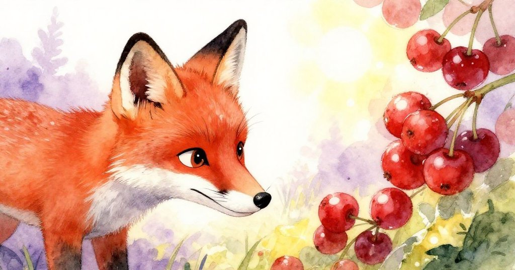 小狐狸凝視著閃亮紅莓,臉上流露出既好奇又驚喜的神情,晨光中展現了細膩情感和探索心情