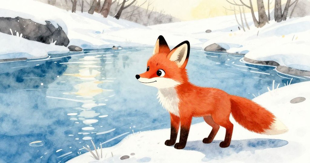 小狐狸探向冰冷閃亮的河水邊,用好奇眼神凝視著如玻璃窗般的水面,展現出期待與探索的情感