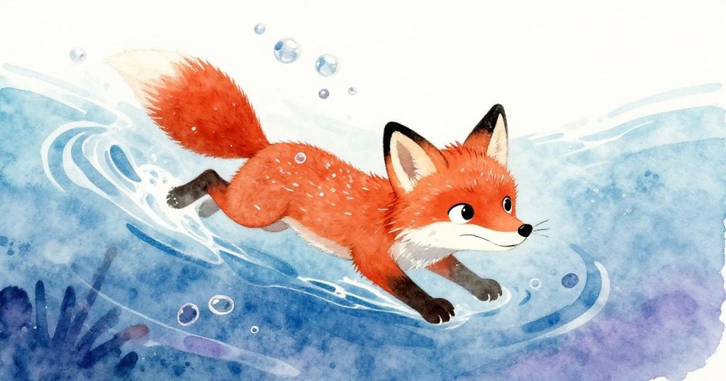 小狐狸在冰冷河水中奮力游泳,水流推動中冒出氣泡,水中光影交錯展現動感與勇氣