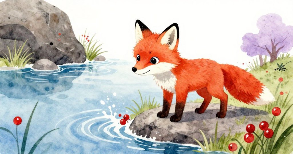 小狐狸攀上灰岩石,四周水花四濺,靠近綠草與紅莓,猶豫後輕觸果實,展現出慎重與滿足的決定