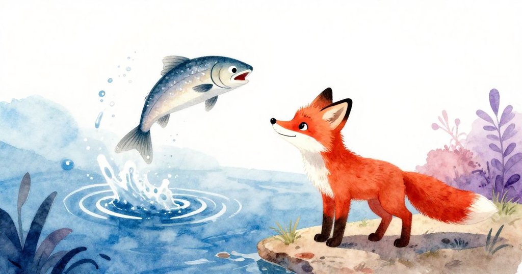 小狐狸靜立河邊,尾巴輕擺注視著水中躍起的銀魚,水花四濺中展現出與自然奇妙重逢的瞬間