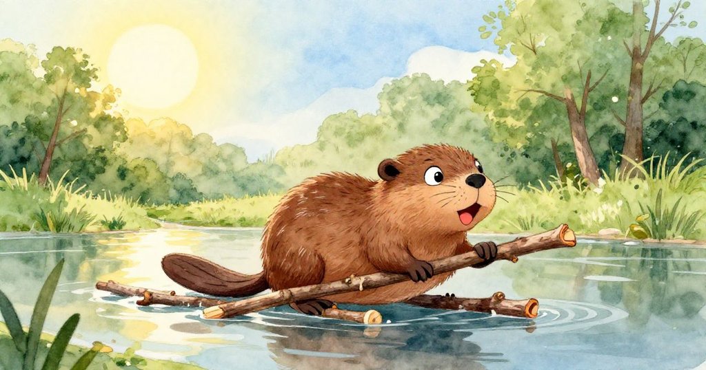 小海狸在溫暖的陽光下拉著許多木棍，背景是清澈流動的水和翠綠的樹木，展現活潑與決心。