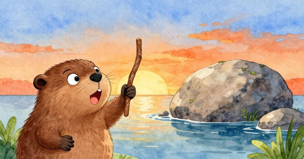 從海狸的背後看，他揮動木棍使其漂向大石頭，夕陽下的天空呈現橙與藍色，展現專注與動感。