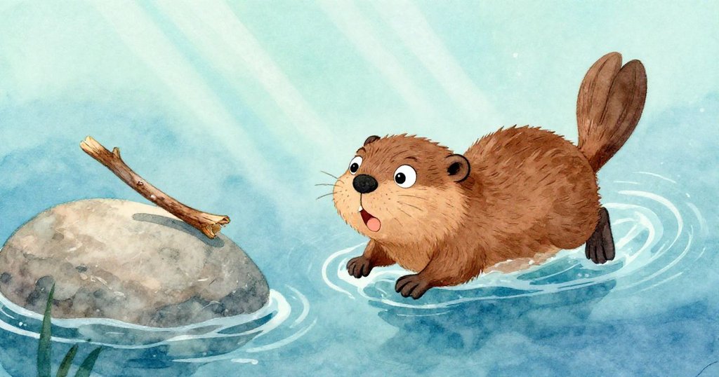 小海狸在清澈水中奮力游向漂移的木棍，水下光線穿透，映照光芒，充滿決心與靜謐氛圍。