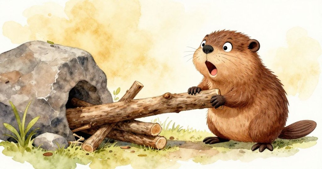 小海狸驚喜地看著藏在石下的原木滑出，和整齊木棍堆合而成的大堆木材展現意外驚奇與喜悅。