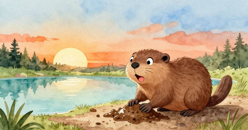 小海狸在河邊完成堤壩工程，用泥土填補木棍間隙，背景是寧靜水面和廣闊天空，展現決心與新希望。