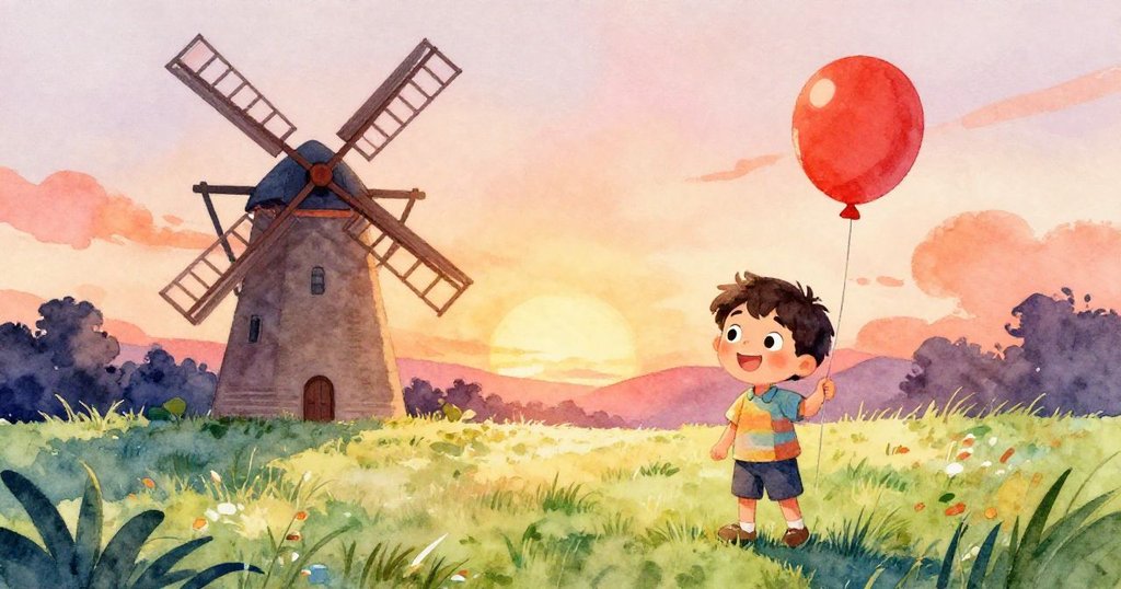 米羅在陽光明媚的草地上,手持紅色氣球朝向高聳風車走去,臉上洋溢著快樂神情,環境廣闊明亮。