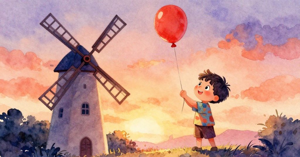 從高處俯瞰,米羅正專心將紅氣球繫在風車上,風車葉片緩轉,整個畫面展現溫暖自然且靜謐的氛圍。