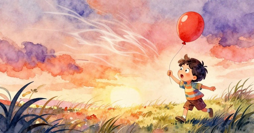 一陣猛烈的風突然襲來,米羅驚訝中見紅氣球從手中滑脫,草地隨風搖曳,情感豐富充滿動感。