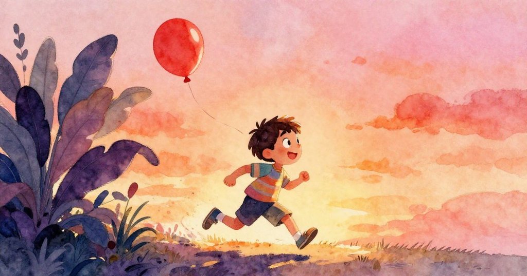 米羅奮力奔跑追逐飄浮在寬大綠葉附近的紅氣球,表情堅定充滿活力,背景展現明亮綠意與戶外動感。