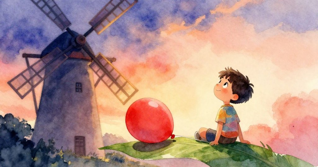 米羅抬頭仰望,驚喜見紅氣球輕靠在綠葉上,風車葉片悠悠轉動,畫面寧靜祥和充滿魔幻與溫暖。