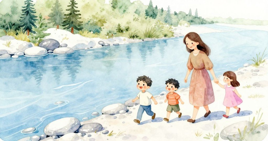 Leo和家人在暖陽下走向寬闊河岸，藍水映襯石頭，家庭歡聚自然風光，故事由此展開。