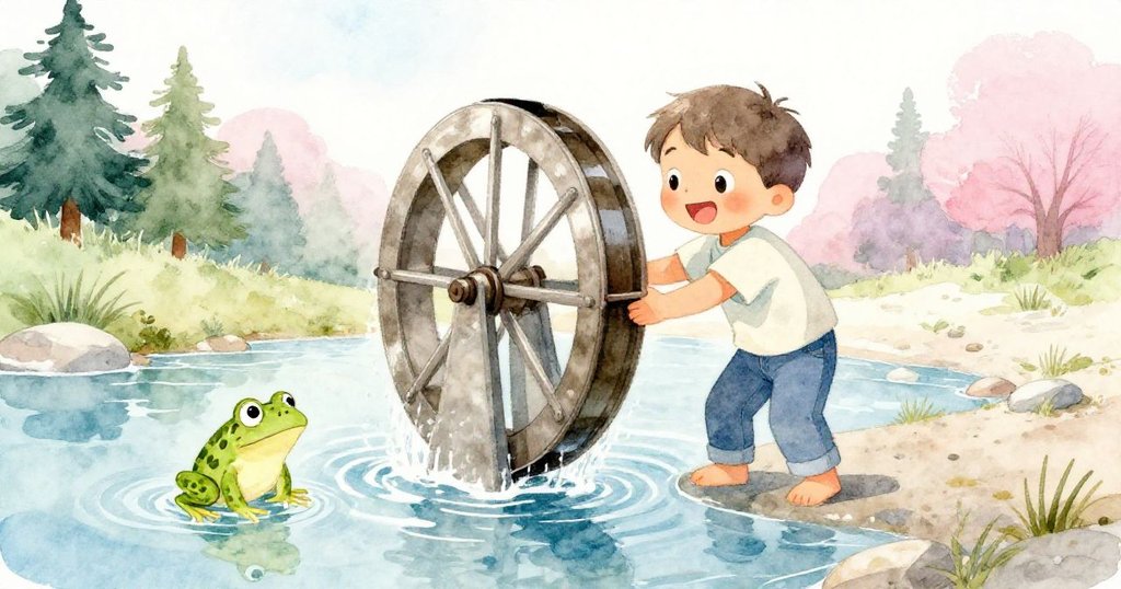 從低角度看，Leo專注放置水車，小青蛙跳近水邊，水光閃爍映出家庭注目，好奇與期待交織。
