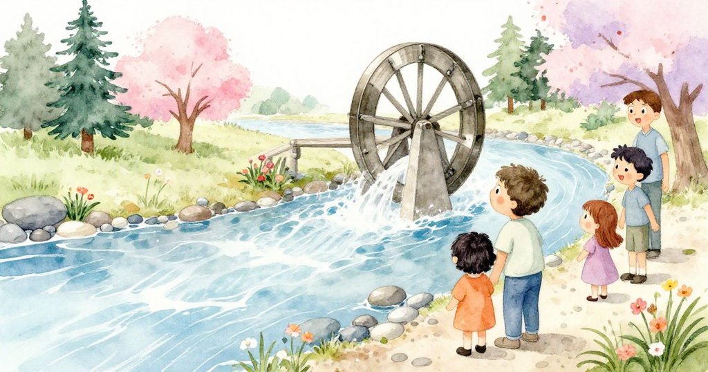 水流穿過鵝卵石，季節花朵綻放映襯河岸，Leo和家人目光堅定看著逐漸轉動的水車，氛圍溫馨。