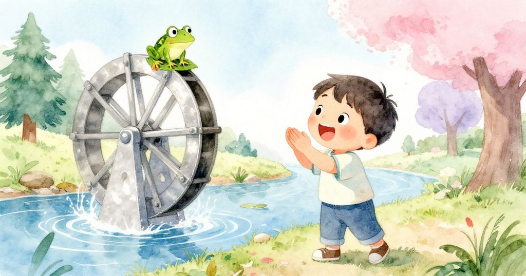 Leo驚喜地拍手鼓掌，樹葉上青蛙靜靜相伴，水車因意外驅動轉得更快，精彩瞬間展開。