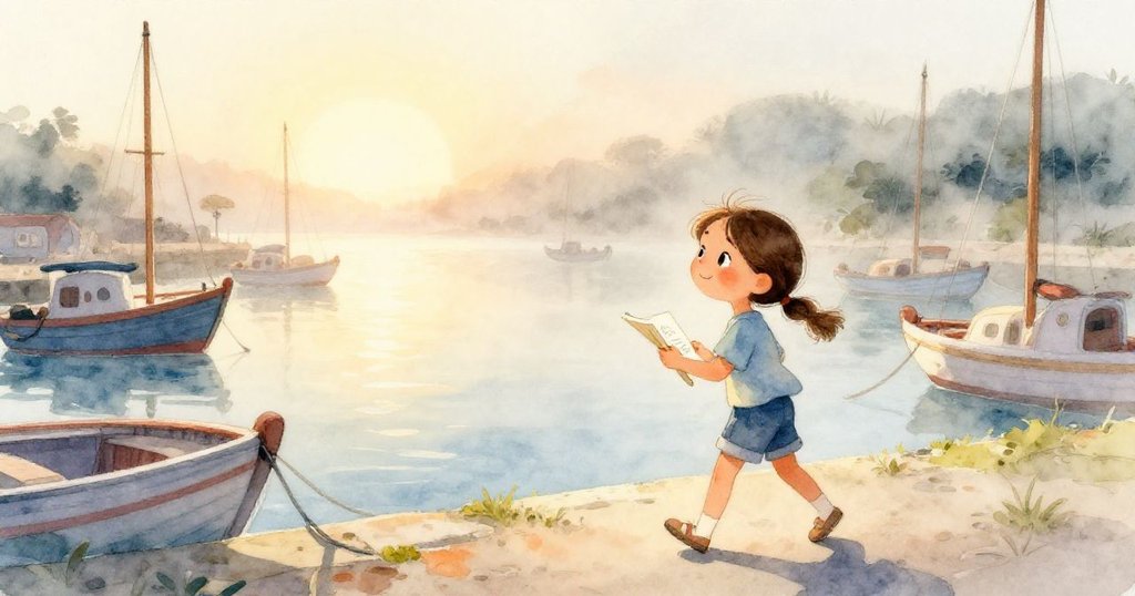 Mia在晨霧中的港口走向前，背景有搖晃的船隻與柔和光線，充滿期待與好奇心的早晨。