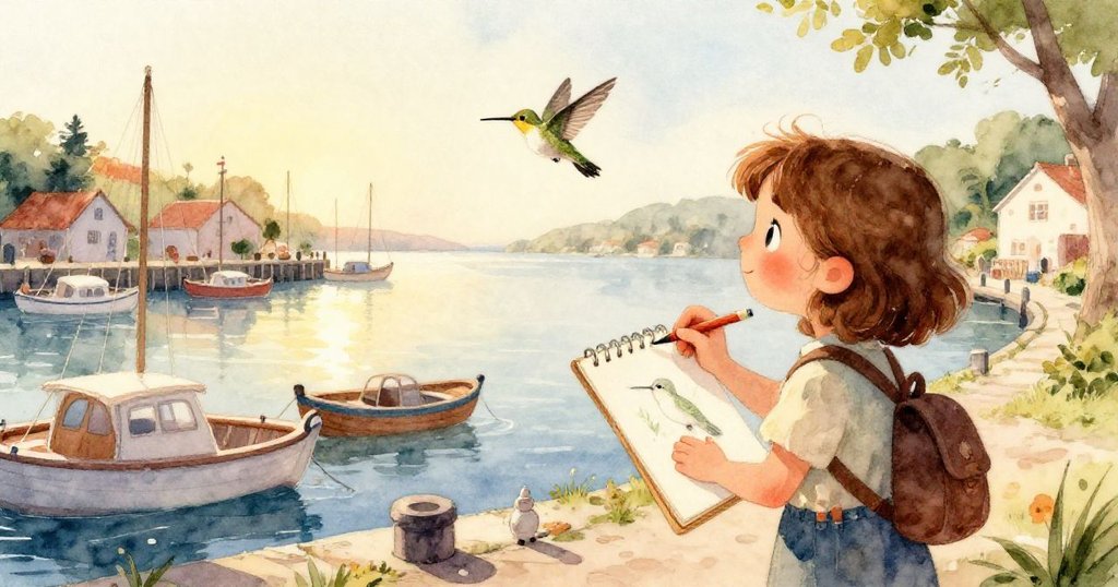 Mia專注的雙手打開速寫本，細節清晰，背景柔和光線映襯著準備描繪蜂鳥的溫暖瞬間。