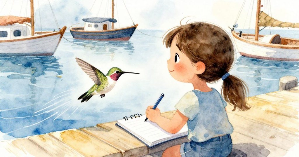 從Mia肩後視角看，她正勾勒飛越水面的蜂鳥，背景有搖擺船隻與繩索，動靜皆美的繪畫時刻。