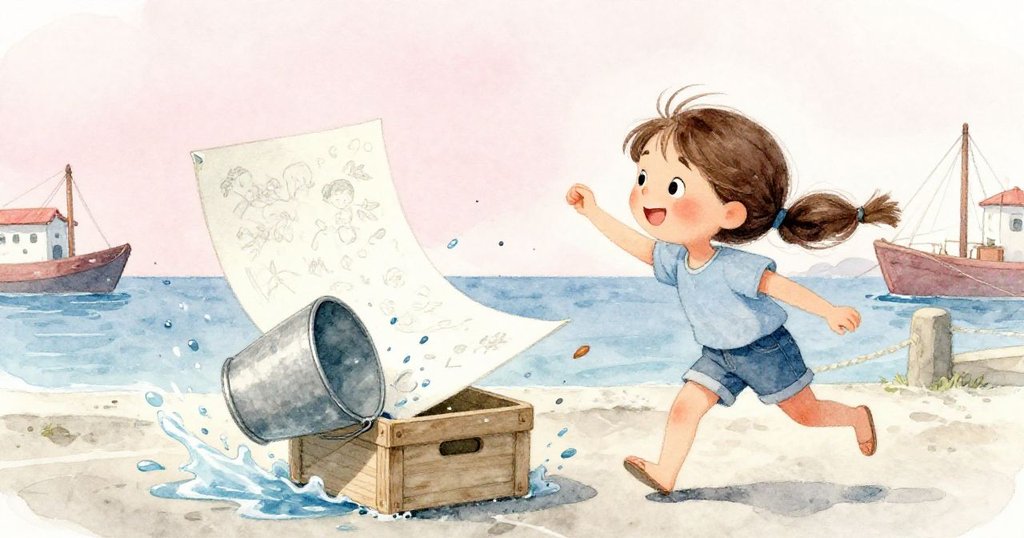 Mia的速寫頁被風吹起飛舞，落在貨箱上引發連鎖反應，桶子翻倒濺水，場景充滿動感與意外驚喜。