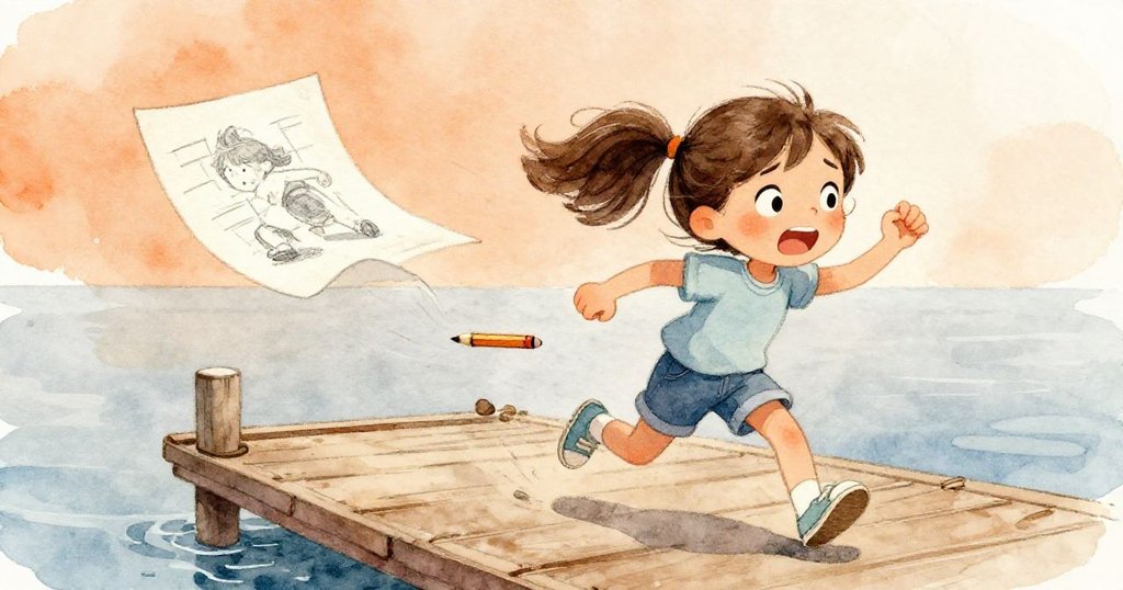 Mia在追逐飛舞的速寫頁時急切揮臂，瞬間失去鉛筆滑入木板縫隙，充滿焦急與驚訝的情感。