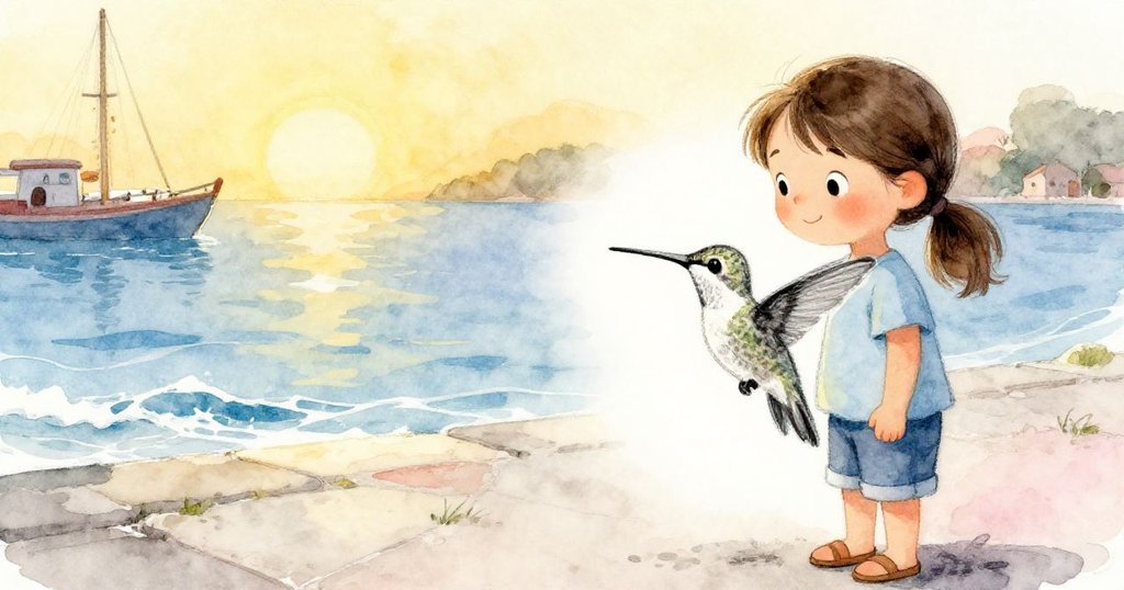 Mia最終用粗炭筆重新描繪蜂鳥，神情滿足，背景是寧靜港口和柔和海浪，寓意故事完美收場。