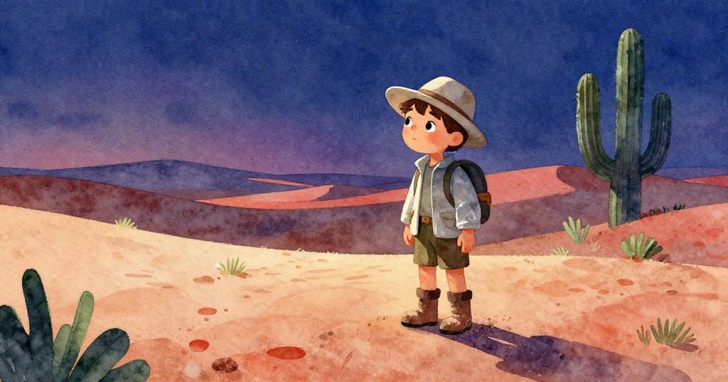 探險家在寧靜沙漠中沉思,仰望晨光,輕鬆步行於散落沙石上,神情平和。