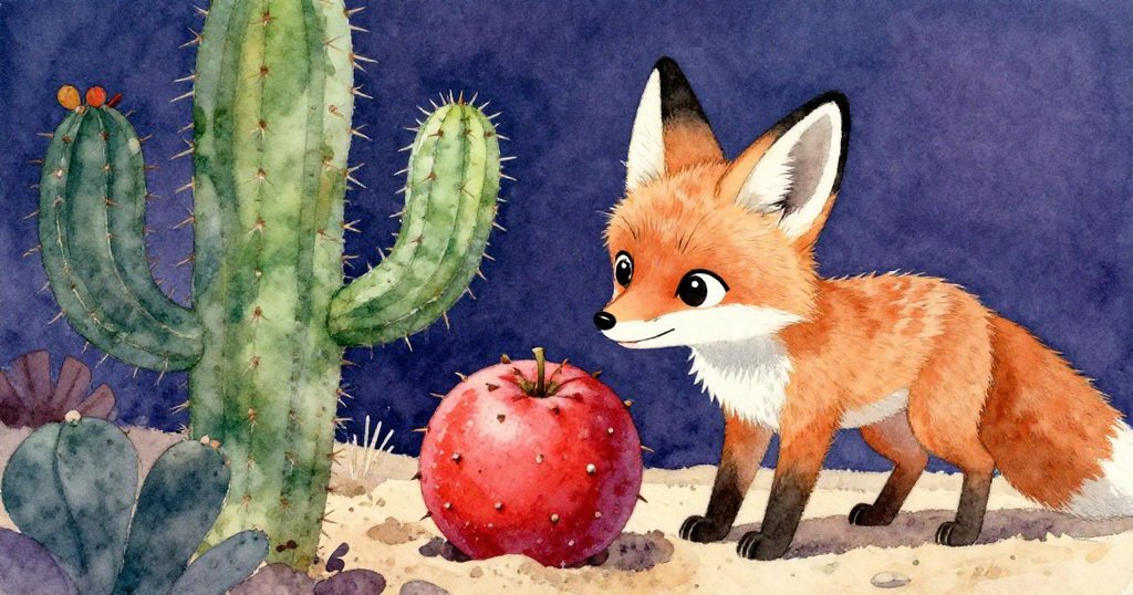 小沙漠狐狸好奇地靠近仙人掌上紅果,近距離展現果實質感與細膩沙粒。