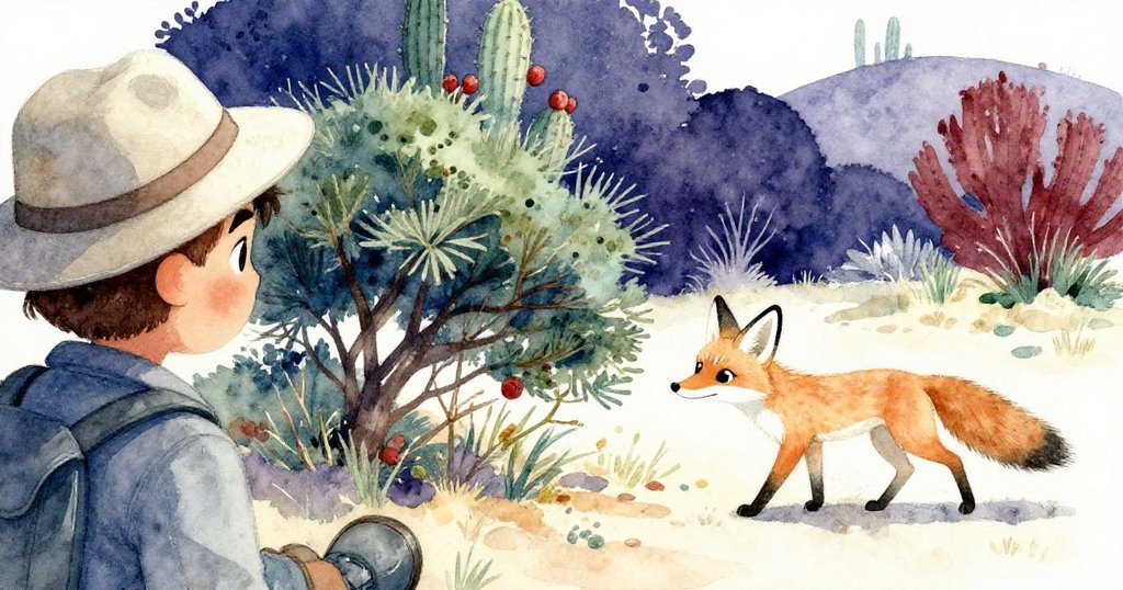 從探險家背後視角望去,看到狐狸輕巧穿越豆蔻灌木和仙人掌景致,充滿期待。
