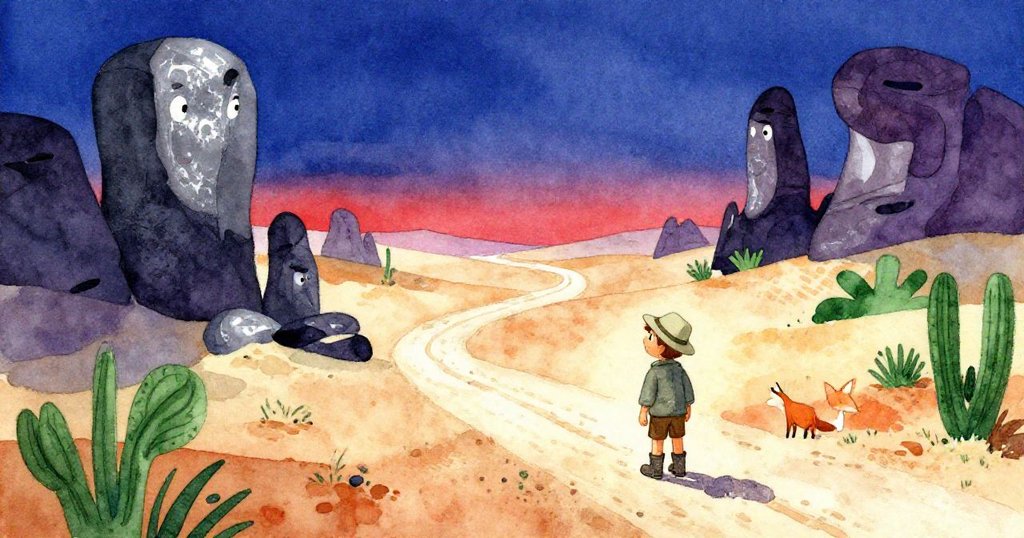 遼闊沙漠風光展現石頭、陰影與綠意,探險家與狐狸隱約出現,環境宏大。