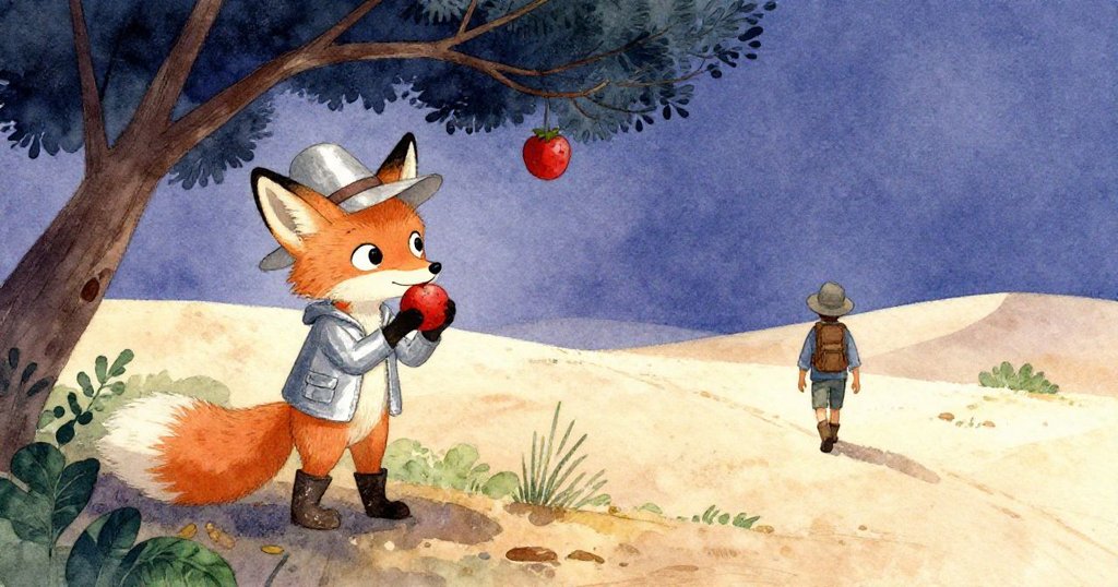 狐狸在乾枝陰涼下細嚼紅果,探險家遠行沙徑,環境平靜而溫馨。