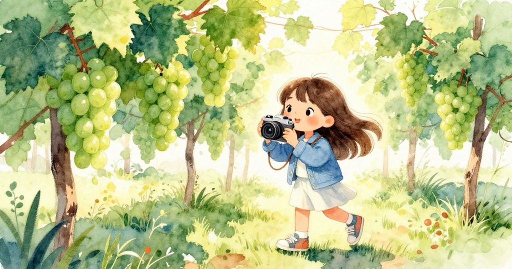 米婭在柔和晨光中進入叔叔的葡萄園，滿懷期待地拿著相機，開始尋找野兔的冒險旅程。