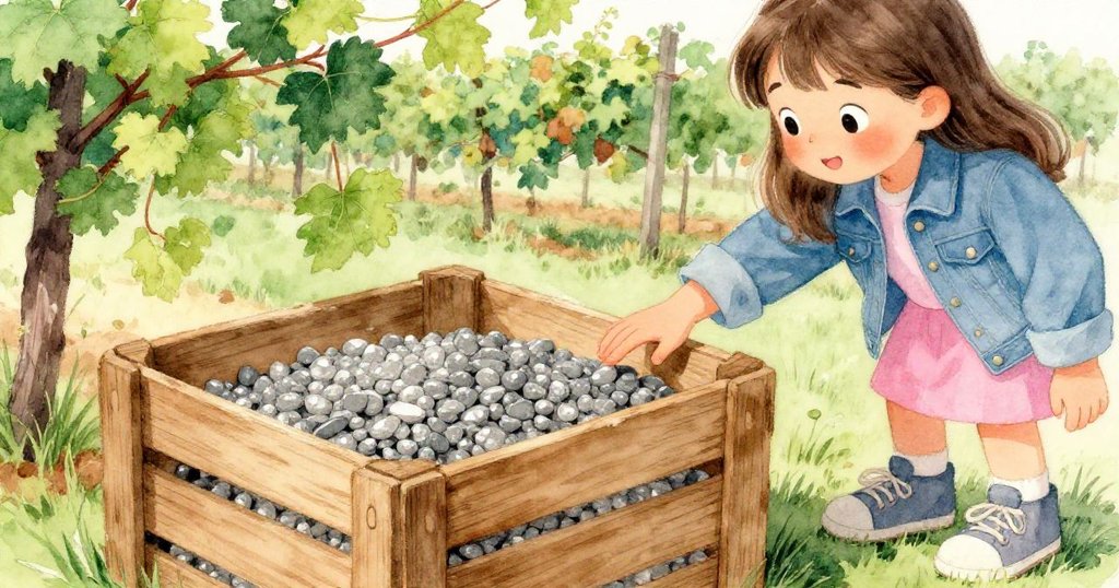 米婭伸手觸摸粗糙的木箱與散落的碎石，仔細觀察著每個細節，眼神充滿專注和好奇，融入自然的靜謐中。