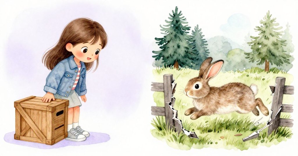 米婭靠近移動中的木箱，野兔受到驚嚇急速穿越破碎籬笆，畫面充滿緊張與戲劇性瞬間。