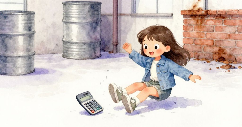 米婭在空曠的廠房庭院中滑倒，計算器彈落發出清脆聲響，她躲在金屬桶邊，眼神充滿驚慌。