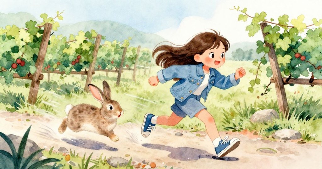 米婭急速追趕受驚的野兔，石子隨著步伐滾動，畫面充滿急迫與動感，展現出追逐的緊張氣氛。