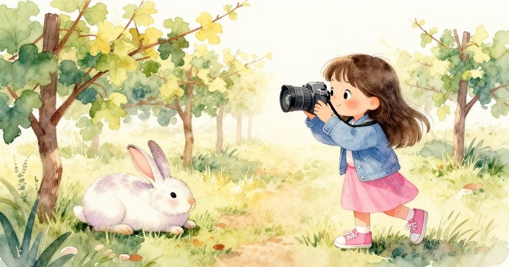 米婭在陽光灑落的葡萄藤下按下快門捕捉野兔，臉上滿是滿足與寧靜，隨後慢步回家，情緒平和溫暖。