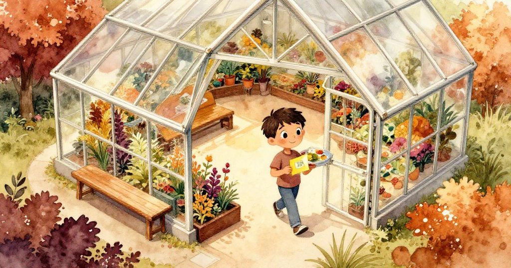 山姆手持托盤走進溫室，玻璃屋頂透出柔和光線，角落有長凳和微型花園，臉上流露出期待與喜悅。