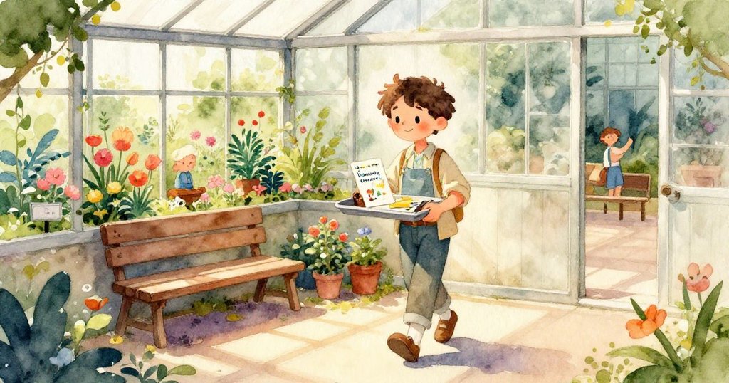 山姆仔細打開盒子，用手攪拌黃色與藍色顏料在白卡上，豐富紋理呈現細膩混合，充滿創意與溫暖氣息。